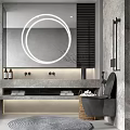 Modern Bathroom Interior With Round Mirror Shower Area Marble Walls Vanity And Rug