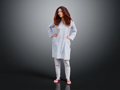 A Woman in White Coat and Pants Standing with Hands on Hips Against Gray Background 3d model