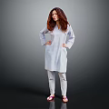 A Woman in White Coat and Pants Standing with Hands on Hips Against Gray Background