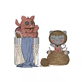 Pink Plush Cat and Grey-White Stuffed Toys in Woven Baskets with Blue Blanket Yarn Ball