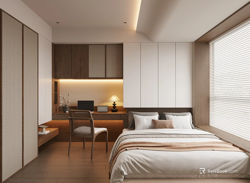Modern Tatami Bedroom Interior Design With Bed Desk Chair And Cabinets 3d model 