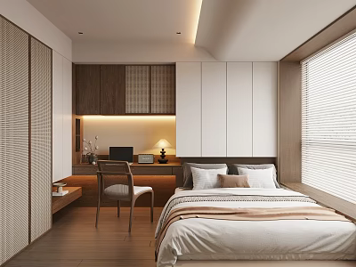 Modern Tatami Bedroom Interior Design With Bed Desk Chair And Cabinets 3d model