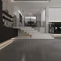 Modern Living and Dining Room Interior With Marble Wall Dining Table Staircase And Cabinets
