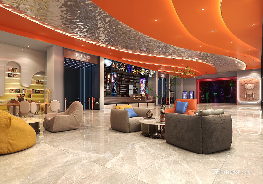 Modern Cinema Lobby With Orange Ceiling Sofa Seats Bar Counter And Decor 3d model 
