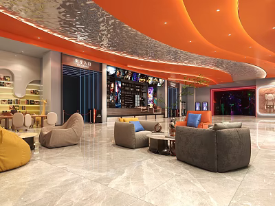Modern Cinema Lobby With Orange Ceiling Sofa Seats Bar Counter And Decor 3d model