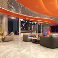 Modern Cinema Lobby With Orange Ceiling Sofa Seats Bar Counter And Decor