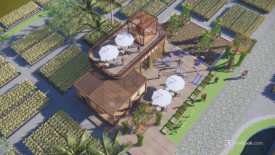 Scenic Landscape With Wooden Building Rooftop Terrace White Umbrellas Palm Trees And Green Fields 3d model 