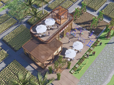 Scenic Landscape With Wooden Building Rooftop Terrace White Umbrellas Palm Trees And Green Fields 3d model