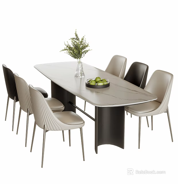 Modern Dining Table Set With Leather Chairs Striped Backrests Transparent Vase Green Plants Fruit Tray 3d model 
