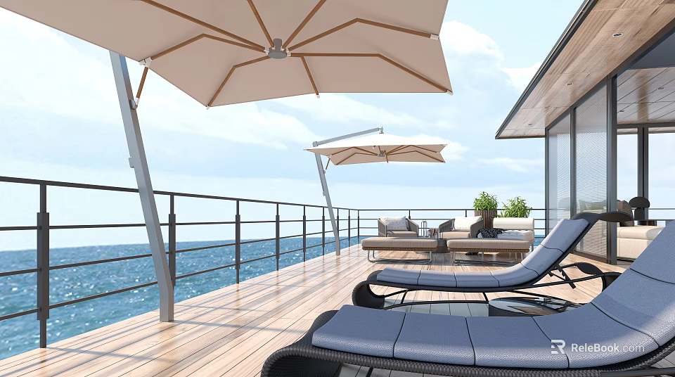Hotel Building With Ocean View Terrace Sun Umbrellas And Blue Loungers 3d model 