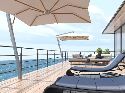 Hotel Building With Ocean View Terrace Sun Umbrellas And Blue Loungers 3d model