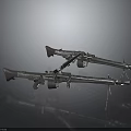 Two Silver Machine Guns With Tripods Standing On Dark Background 3d model
