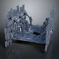 Cartoon Style Castle Ruins With Broken Walls And 3D Modeled Towers On Dark Background