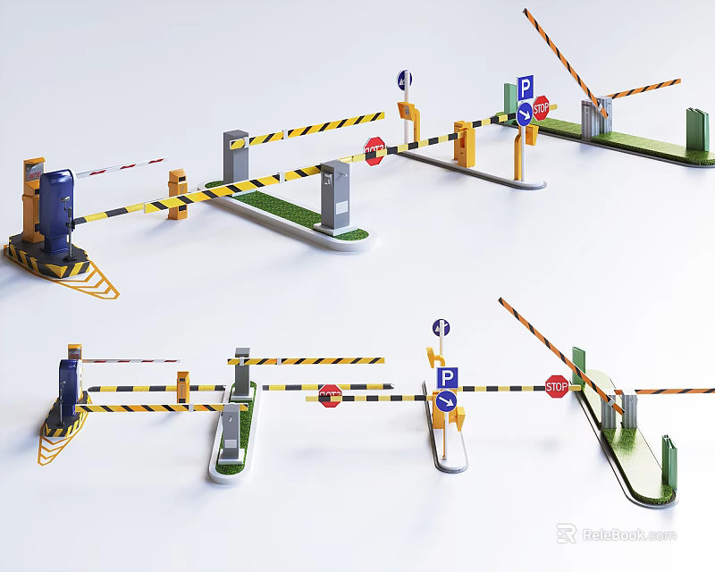 Different Types of Public Traffic Barriers With Safety Signs And Yellow Black Stripes 3d model 