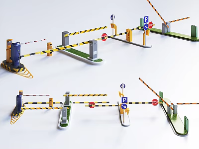 Different Types of Public Traffic Barriers With Safety Signs And Yellow Black Stripes 3d model