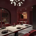 Modern Restaurant Interior With Curved Red Wall Long Dining Table Red Chairs And Wine Rack