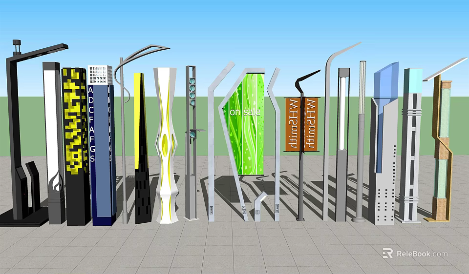 Various Designed Outdoor Lights With Different Shapes Colors For Street Decorative Use In Outdoor Setting 3d model 