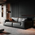 Black Leather Two-Seater Sofa With Throw Pillows Modern Floor Lamp Dark Walls Interior
