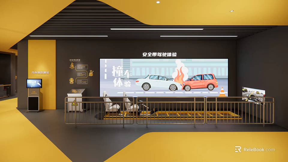 Safety Driving Experience Exhibition Hall With Crash Simulation White Red Cars And Interactive Seats 3d model 