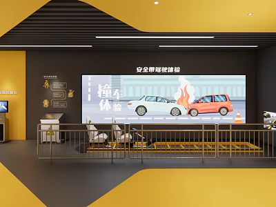 Safety Driving Experience Exhibition Hall With Crash Simulation White Red Cars And Interactive Seats 3d model