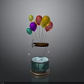 Colorful Balloons Attached To Floating Small Boat Over Glowing Blue Base