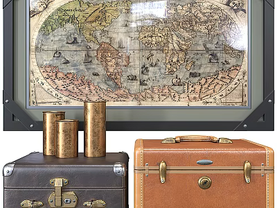 Vintage Suitcases Styled with Antique World Map and Brass Decorative Cylinders 3d model