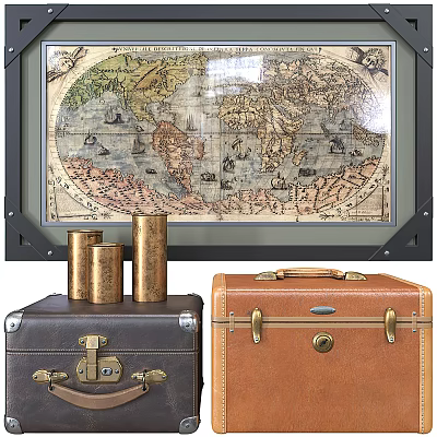Vintage Suitcases Styled with Antique World Map and Brass Decorative Cylinders 3d model
