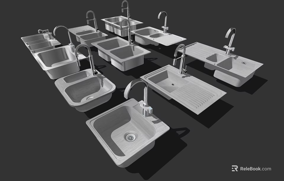 Stylish Modern Kitchen Sinks With Various Designs And Functional Faucets For Home Kitchens 3d model 