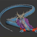 Blue Dragon Like Game Movie Character With Long Curved Body Purple Mane And Red Flames