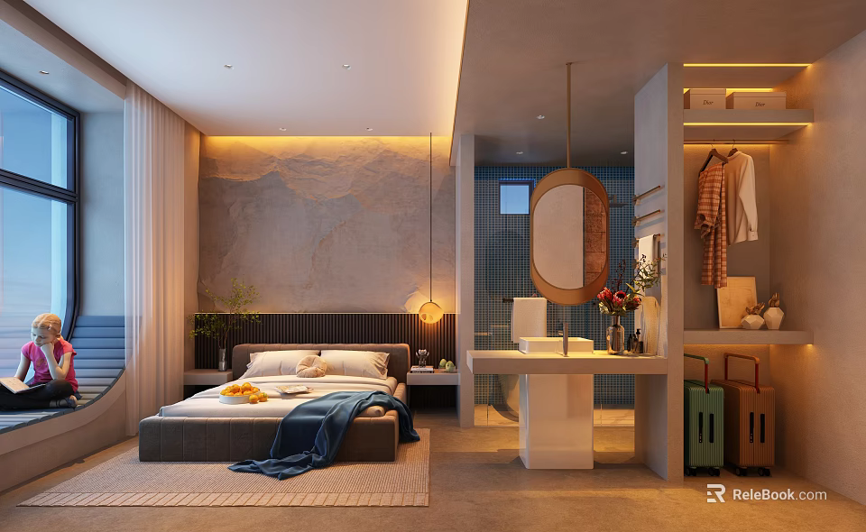 Modern Hotel Guest Room With Stone Accent Wall Bed Blue Throw Blanket And Bathroom Mirror 3d model 