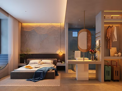 Modern Hotel Guest Room With Stone Accent Wall Bed Blue Throw Blanket And Bathroom Mirror 3d model