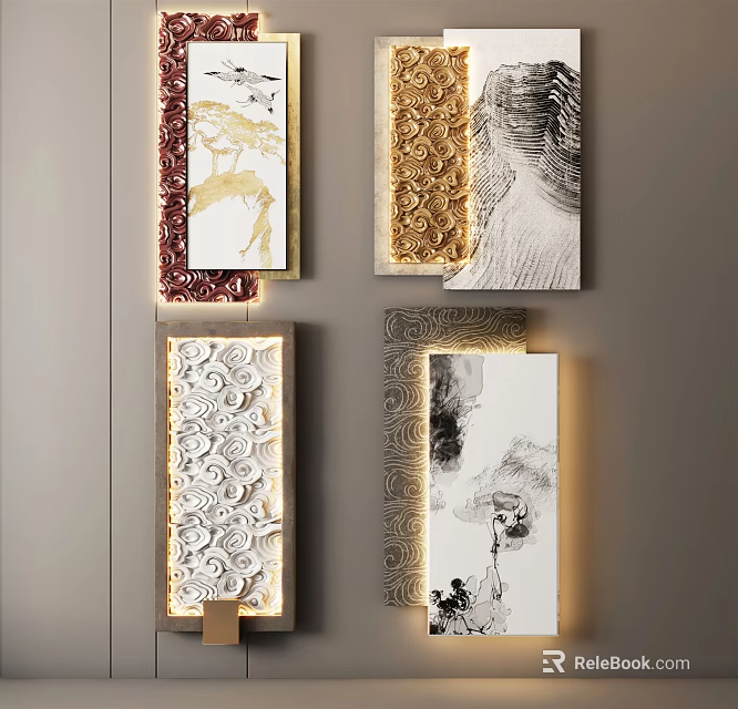 Chinese Style Wall Decor Set With Landscape Cloud Patterns And Gold Accents 3d model