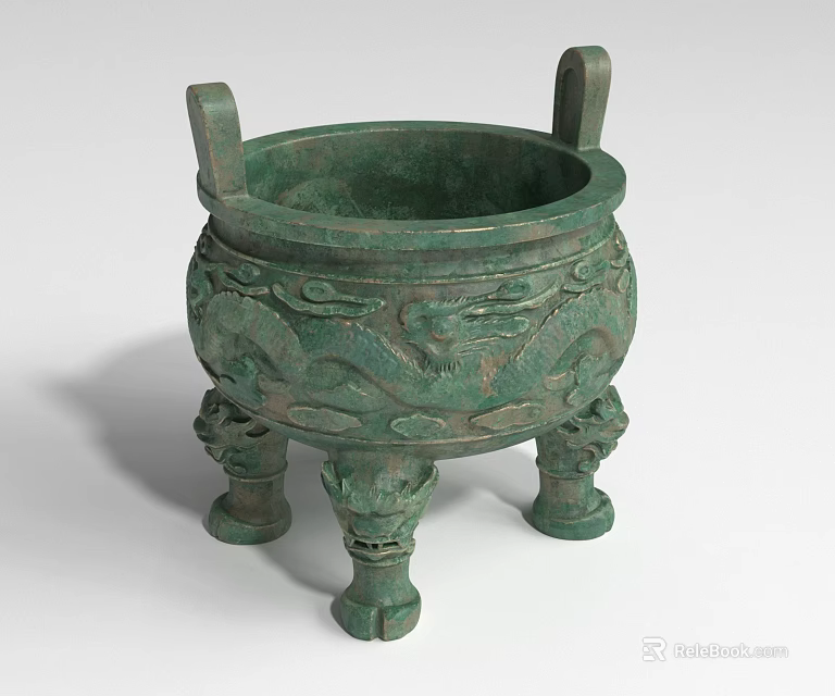 Ancient Bronze Landscape Sculpture With Intricate Dragon Patterns Two Handles And Animal Head Legs 3d model 
