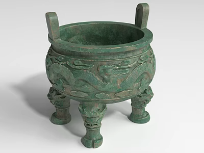 Ancient Bronze Landscape Sculpture With Intricate Dragon Patterns Two Handles And Animal Head Legs 3d model