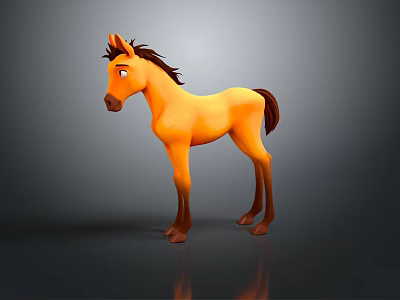 3D Animal Painting Featuring Orange Pony with Brown Mane Tail Standing on Dark Background 3d model