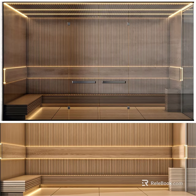 Modern Shower Sauna Interior With Wooden Panel Walls And Ambient Lighting 3d model 