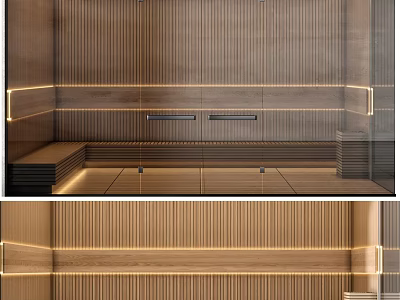 Modern Shower Sauna Interior With Wooden Panel Walls And Ambient Lighting 3d model