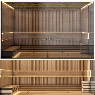 Modern Shower Sauna Interior With Wooden Panel Walls And Ambient Lighting 3d model