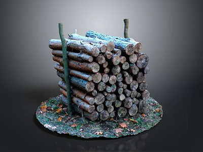 Stacked Wood Logs With Stone Base And Fallen Leaves In Natural Setting 3d model
