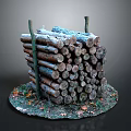 Stacked Wood Logs With Stone Base And Fallen Leaves In Natural Setting