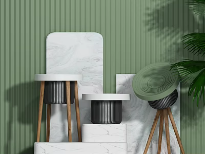 Modern Home Appliances With Wooden Stands And Marble Panels Against Green Ribbed Wall 3d model