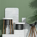 Modern Home Appliances With Wooden Stands And Marble Panels Against Green Ribbed Wall