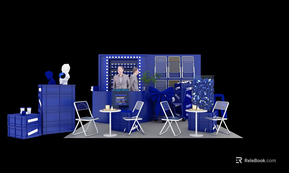 Modern Blue Exhibition Booth Setup with Staff White Tables Chairs Display Cabinets and Plants 3d model 