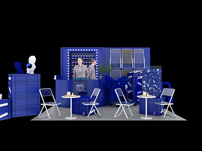 Modern Blue Exhibition Booth Setup with Staff White Tables Chairs Display Cabinets and Plants 3d model