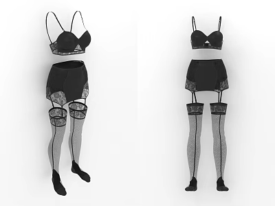 Women's Black And White Lingerie Set With Bra Panties And Lace Stockings 3d model