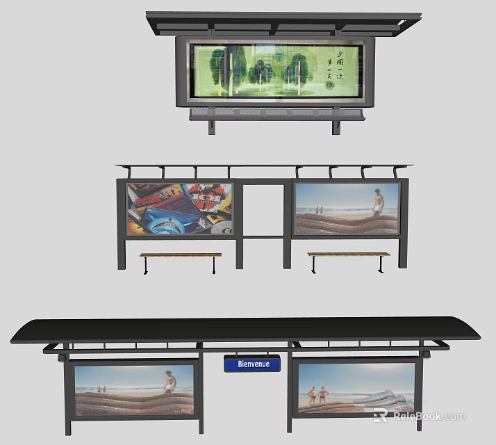 Modern Bus Station With Digital Screen Advertising Billboards Benches And Roof Structure 3d model 