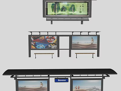 Modern Bus Station With Digital Screen Advertising Billboards Benches And Roof Structure 3d model