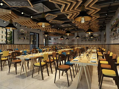 Restaurant Interior Design With Wooden Decor Hanging Lights Dining Tables And Chairs 3d model