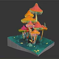 Colorful Vegetable Arrangement Featuring Mushroom Cluster on Blue Platform with Small Creatures and Coins