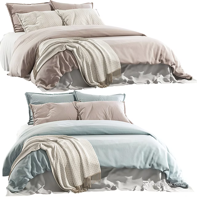Cozy Double Bed with Soft Linens Plush Pillows and Light Pink Blue Bedding 3d model 